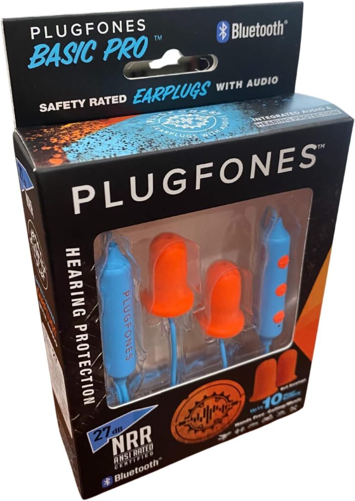 Plugfones Basic Pro Wireless Bluetooth in-Ear Earplug Earbuds - Noise Reduction Headphones with Noise Isolating Mic and Controls (Blue  Yellow)