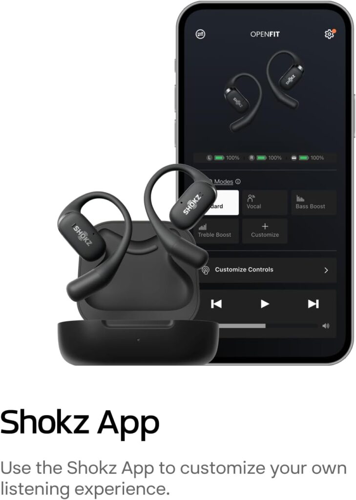 SHOKZ OpenFit - Open-Ear True Wireless Bluetooth Headphones with Microphone, Earbuds with Earhooks, Sweat Resistant, Fast Charging, 28HRS Playtime, Compatible with iPhone  Android, Black