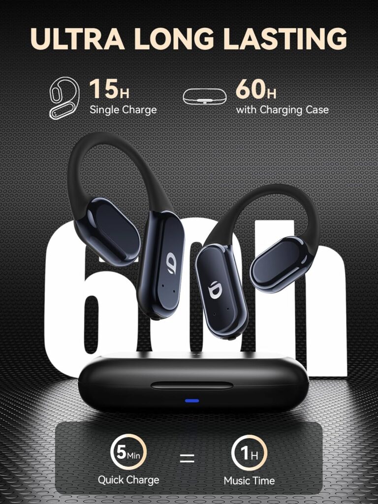 True Wireless Bone Conduction Earphones, OWS Open Ear Headphones with Earhooks, Bluetooth 5.3, Up to 60H Playtime with Case, IP68, AAC/SBC, for Cycling Yoga Workouts